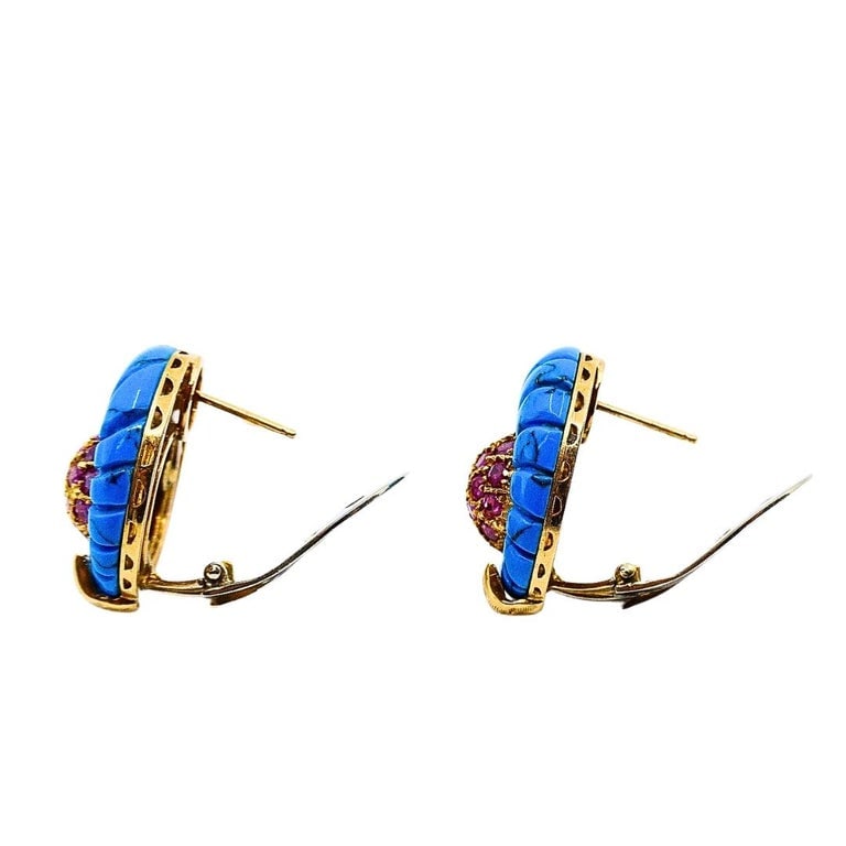 Vintage 18k Gold Carved Turquoise Pave Ruby Dome Stud Earrings - 5