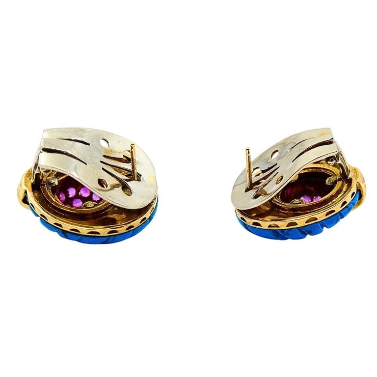 Vintage 18k Gold Carved Turquoise Pave Ruby Dome Stud Earrings - 6