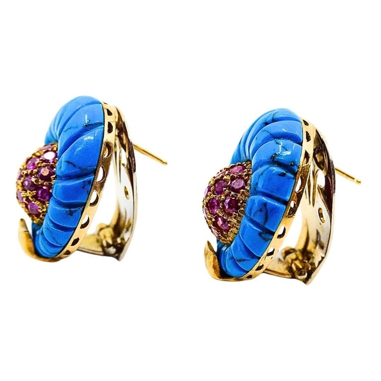 Vintage 18k Gold Carved Turquoise Pave Ruby Dome Stud Earrings - 8