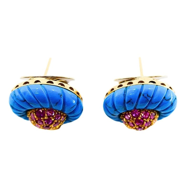 Vintage 18k Gold Carved Turquoise Pave Ruby Dome Stud Earrings - 9