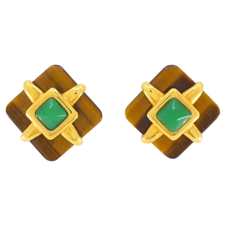 Aldo Cipullo Tigerâ€™s Eye Earrings Chrysoprase 18k Gold Rhombus Shaped Earrings: A pair of stunning Aldo Cipullo tigerâ€™s eye and chrysoprase 18k gold rhombus shaped earrings. The square tigerâ€™s eye base displays warm golden-brown bands. At