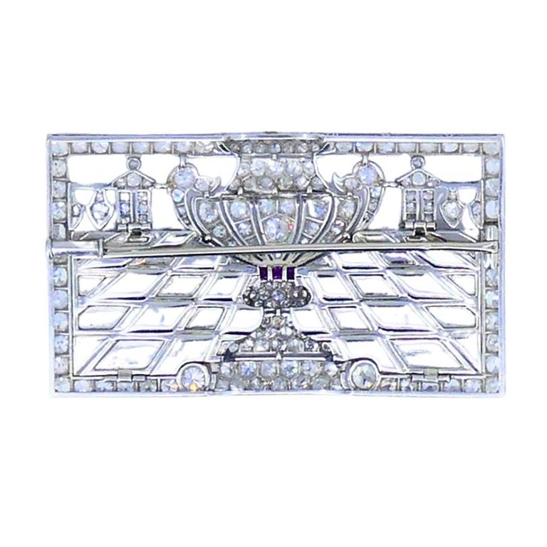 Art Deco Platinum Diamond Brooch Black Onyx Ruby 1920s Vintage Jewelry - 3