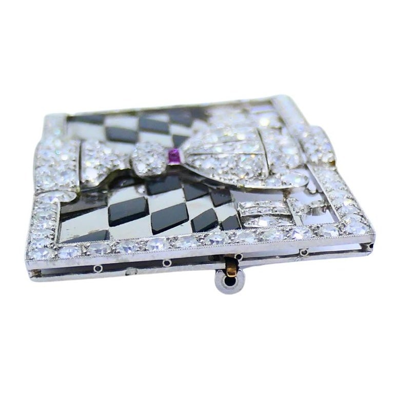Art Deco Platinum Diamond Brooch Black Onyx Ruby 1920s Vintage Jewelry - 5
