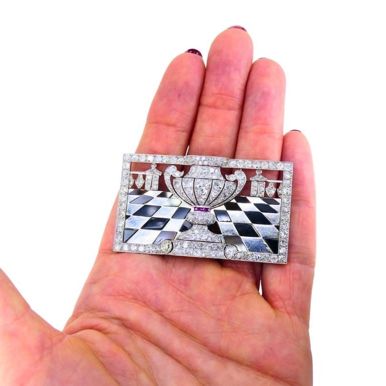 Art Deco Platinum Diamond Brooch Black Onyx Ruby 1920s Vintage Jewelry - 6
