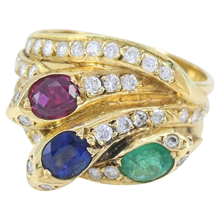 English Vintage 18k Gold Diamond Ruby Emerald Sapphire Snake Ring (1 of 11)