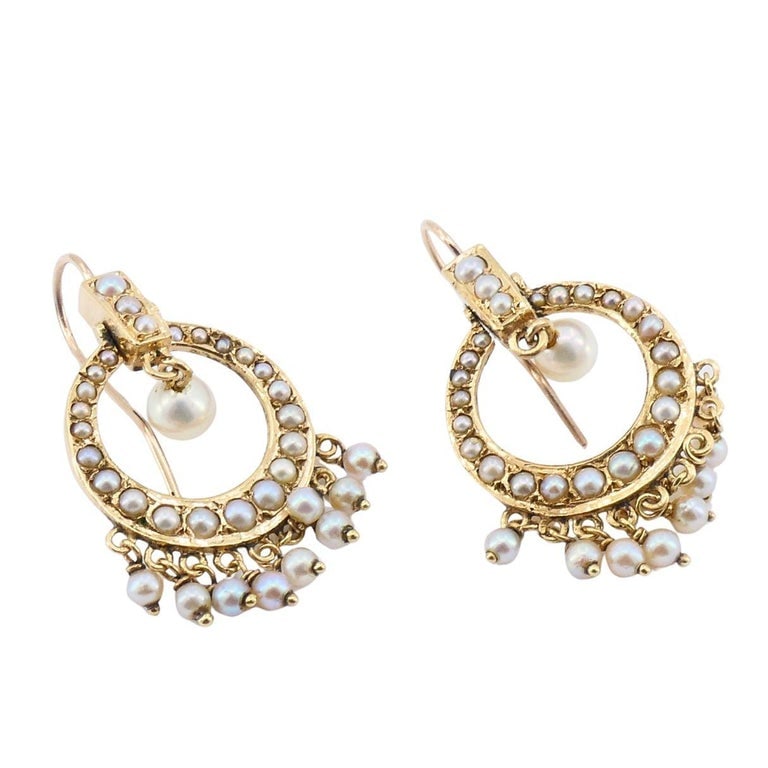 Antique Edwardian 14K Gold Pearl Drop Earrings, Circa 1900 - 6