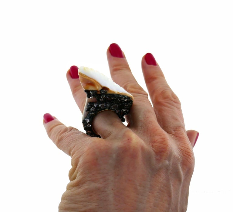 Shell Diamond Blackened Gold Ring - 2