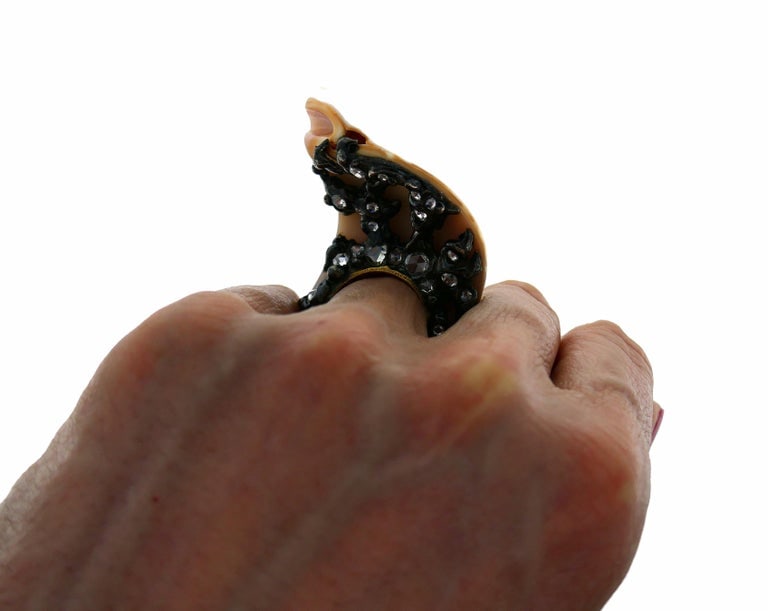 Shell Diamond Blackened Gold Ring - 3