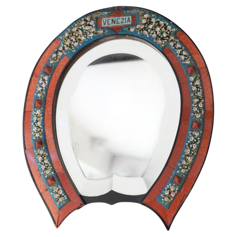 Antique 1900s Italian Micro Mosaic Horseshoe Mirror Stand w/ Box: Antique 1900s Italian Micro Mosaic Horseshoe Mirror Stand w/ Box Featuring floral motif using macro mosaic technique set in wood with a stand on the back Venezia translates to Venice in English Comes