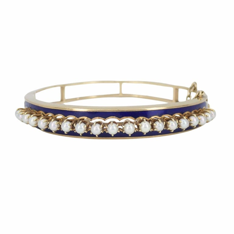 Victorian 14k Gold Pearl Enamel Hinge Bangle Bracelet - 2