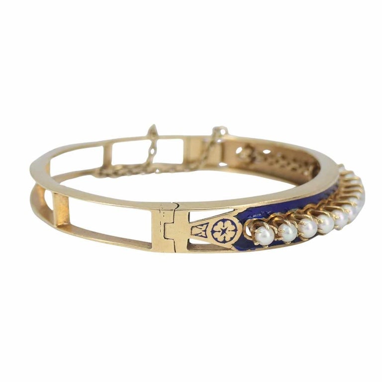 Victorian 14k Gold Pearl Enamel Hinge Bangle Bracelet - 4