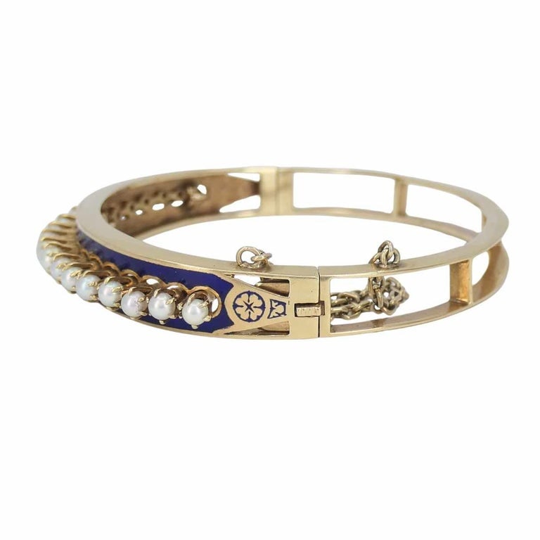 Victorian 14k Gold Pearl Enamel Hinge Bangle Bracelet - 5