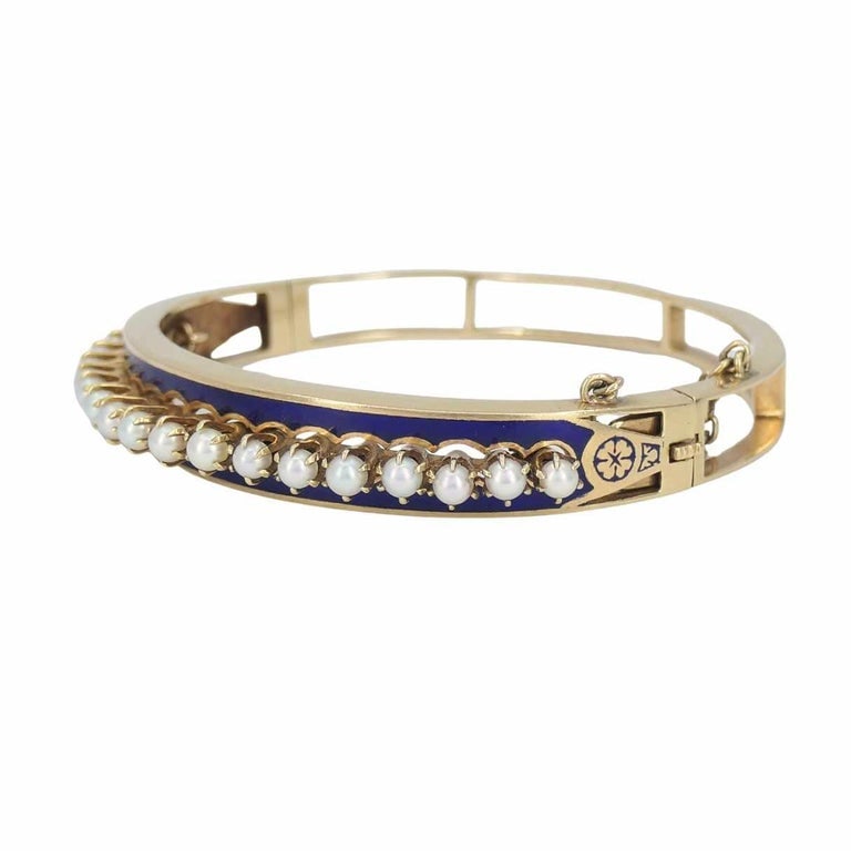 Victorian 14k Gold Pearl Enamel Hinge Bangle Bracelet - 6