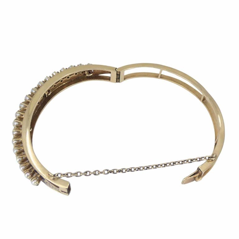 Victorian 14k Gold Pearl Enamel Hinge Bangle Bracelet - 9