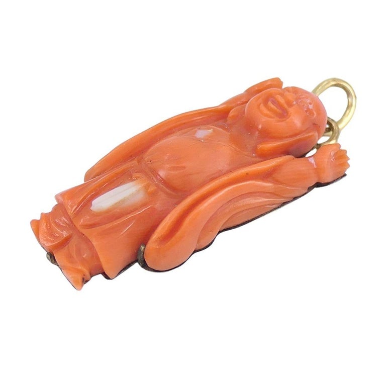 Vintage Coral Buddha Charm Pendant 10k Gold, Mid-20th Century, 4.2g - 6