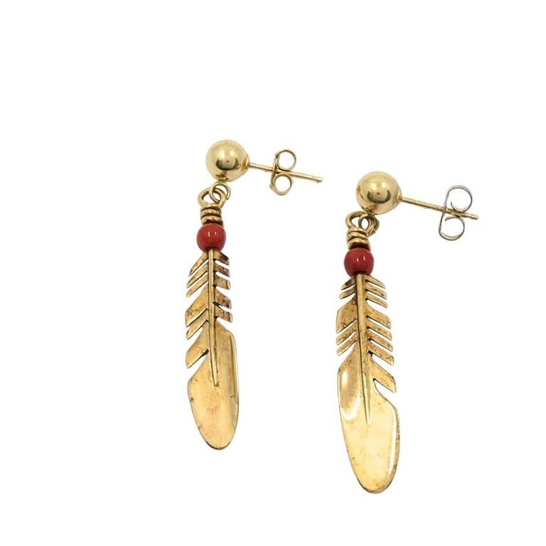 Ray Tracey 14k Gold Navajo Feather Drop Earrings Coral Beads - 3