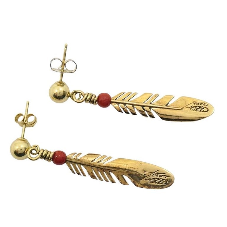 Ray Tracey 14k Gold Navajo Feather Drop Earrings Coral Beads - 5