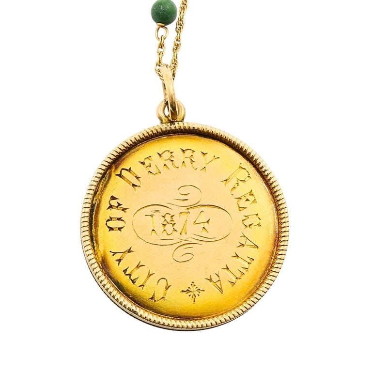 Victorian 14k Gold 1874 Engraved Coin Pendant Necklace - 5