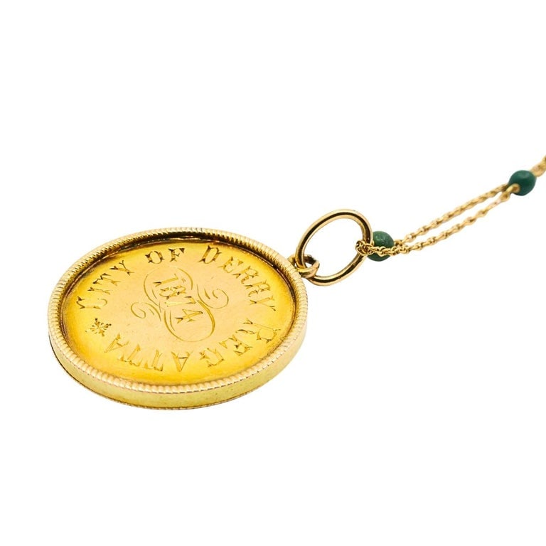 Victorian 14k Gold 1874 Engraved Coin Pendant Necklace - 6