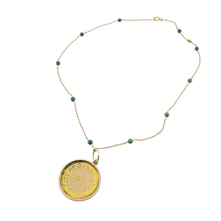 Victorian 14k Gold 1874 Engraved Coin Pendant Necklace - 8