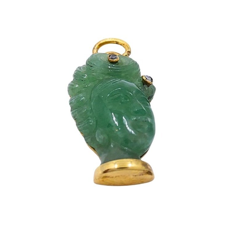 Vintage 14k Gold Carved Jade Ladyâ€™s Head Charm Pendant Diamond Accents - 5