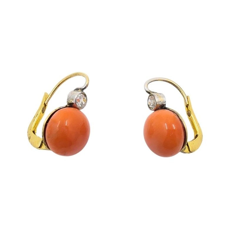 Antique 14k Gold Coral Diamond Accent Drop Earrings - 4