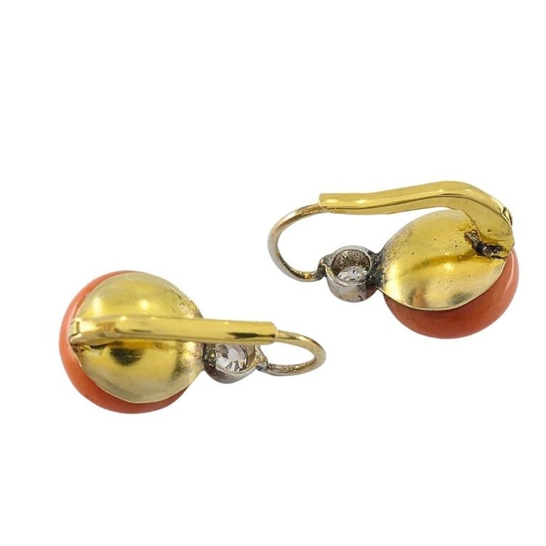 Antique 14k Gold Coral Diamond Accent Drop Earrings - 6