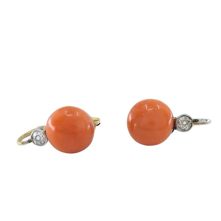 Antique 14k Gold Coral Diamond Accent Drop Earrings - 8