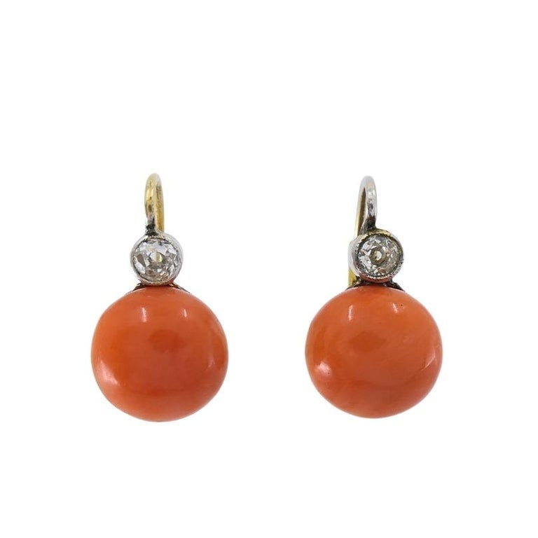 Antique 14k Gold Coral Diamond Accent Drop Earrings - 9