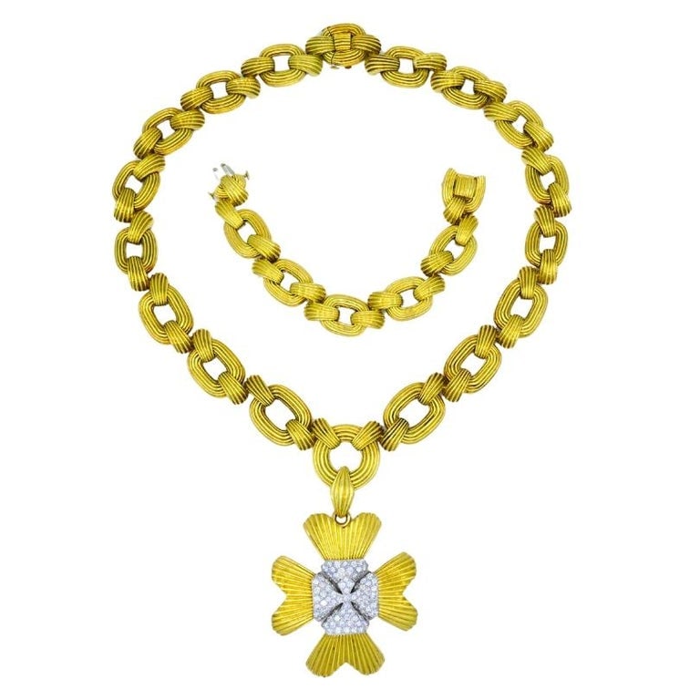 David Webb Necklace Sautoir Chain Oval Links 18k Gold Platinum Diamond Brooch - 4