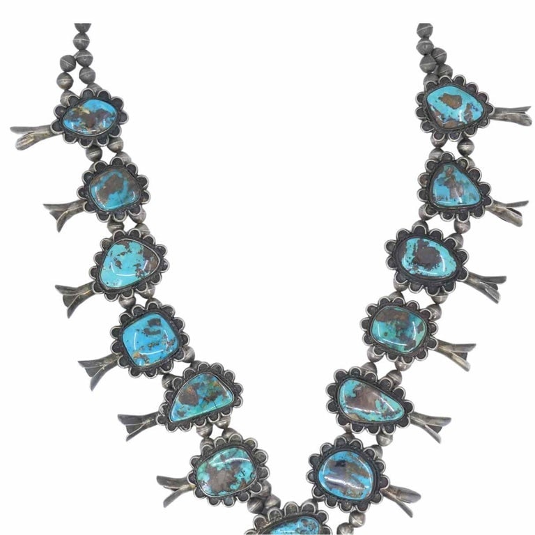 Navajo Sterling Silver Turquoise Squash Blossom Necklace - 3