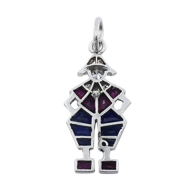 Antique Platinum Pierrot Charm Diamond & CalibrÃ©-Cut Gemstones - 7