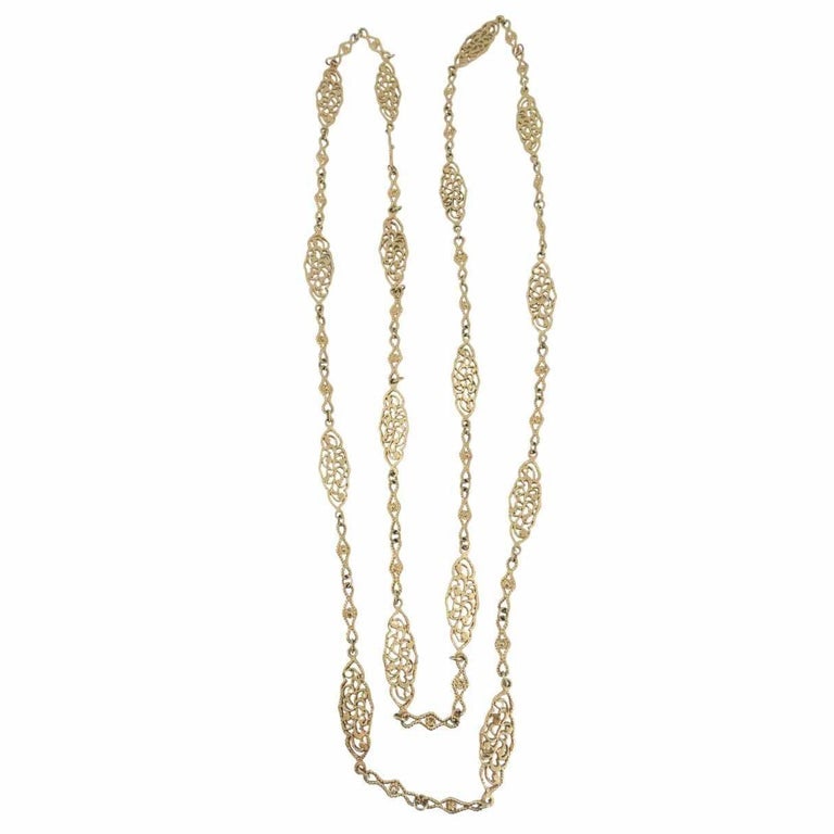 Vintage 14K Gold Openwork Filigree Marquise Long Chain Necklace, 1970s - 10