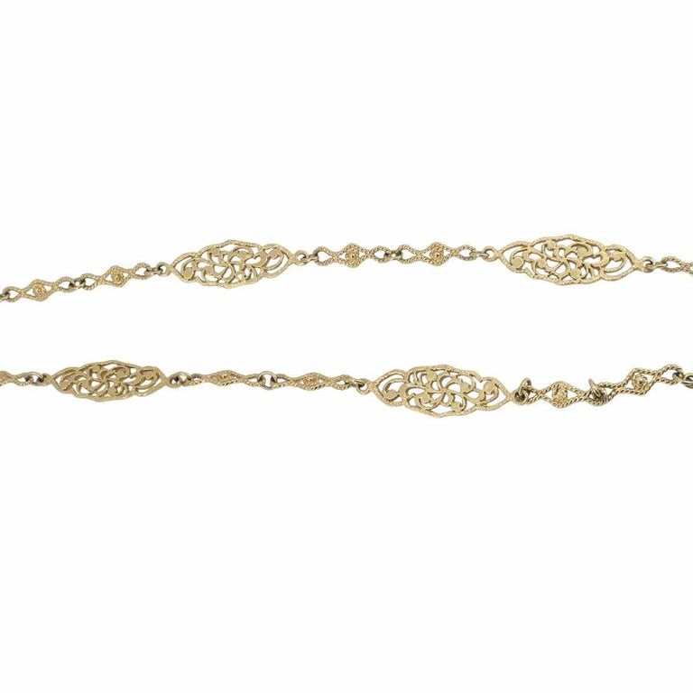 Vintage 14K Gold Openwork Filigree Marquise Long Chain Necklace, 1970s - 4