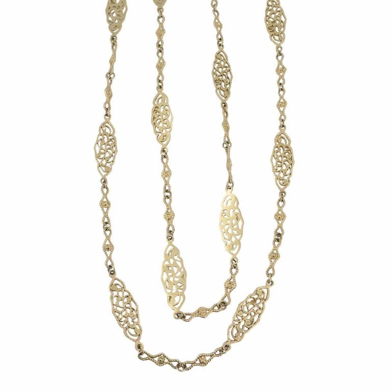 Vintage 14K Gold Openwork Filigree Marquise Long Chain Necklace, 1970s - 7