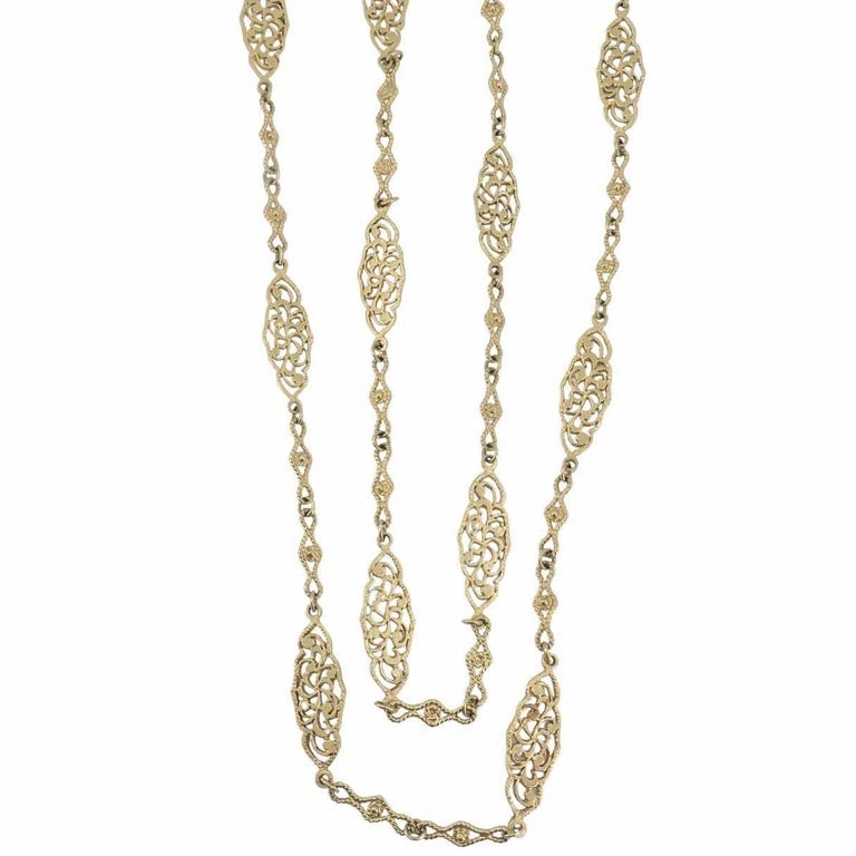 Vintage 14K Gold Openwork Filigree Marquise Long Chain Necklace, 1970s - 8