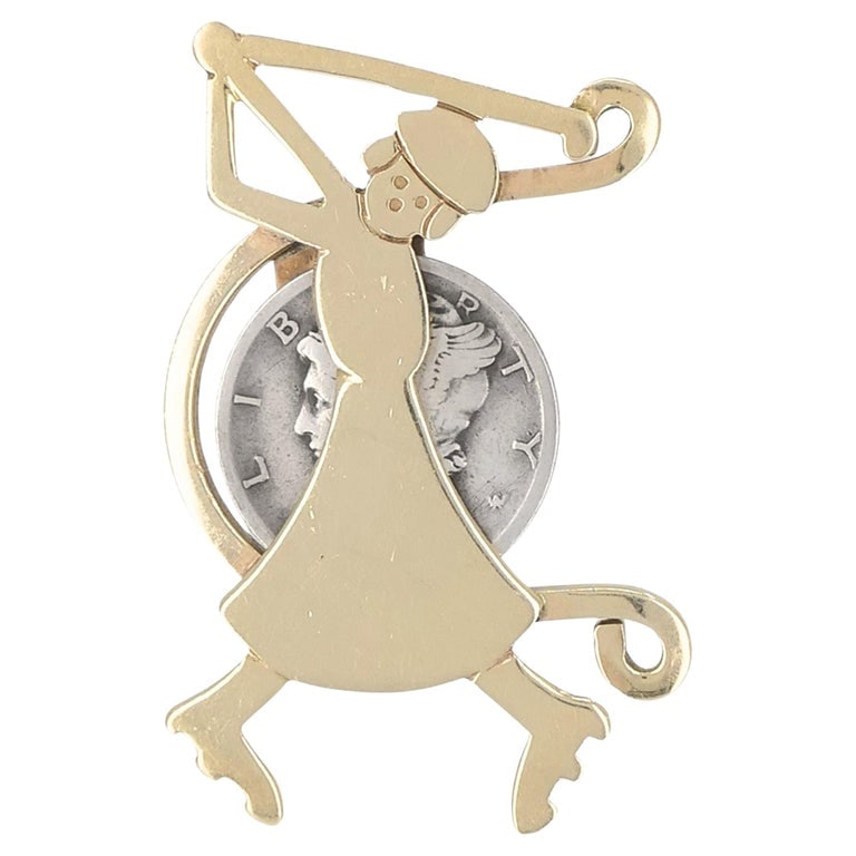 Vintage 14K Gold Monsco Golfer Brooch with Mercury Dime, Mid-Century: Vintage 14K gold golfer brooch attributed to MONSCO, a mid-century American manufacturer active from the 1930s to the 1950s and known for its whimsical figural designs crafted in solid gold. The
