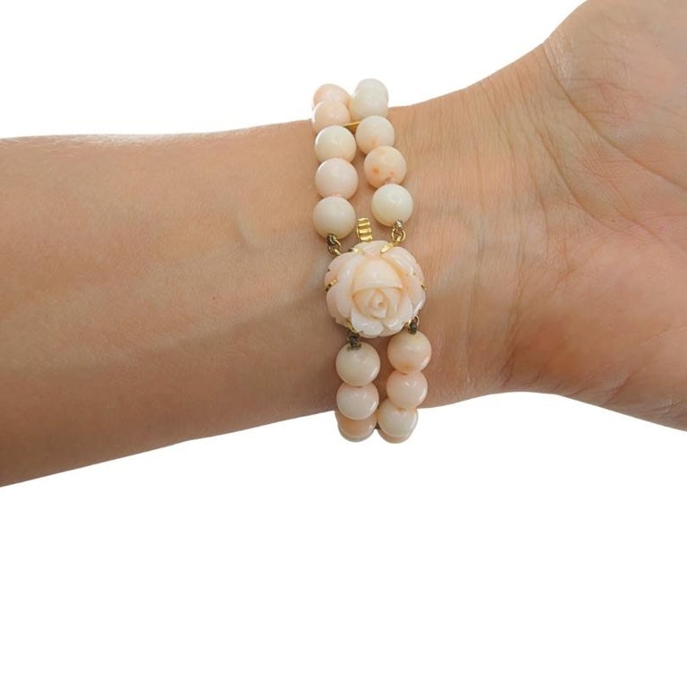 Baume & Mercier 14k Angel Skin Coral Double Strand Bracelet Watch, 1960s - 4