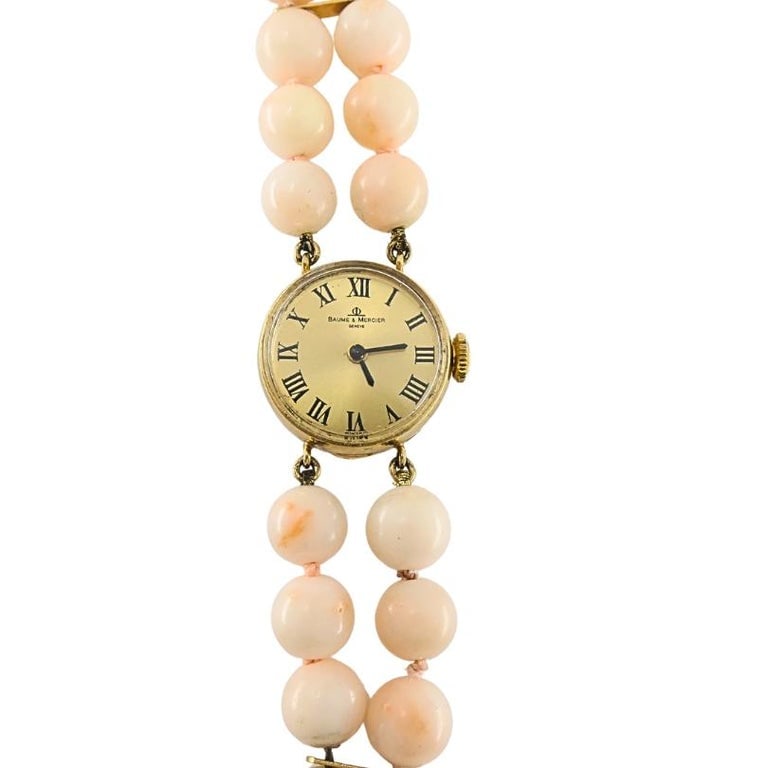 Baume & Mercier 14k Angel Skin Coral Double Strand Bracelet Watch, 1960s - 5