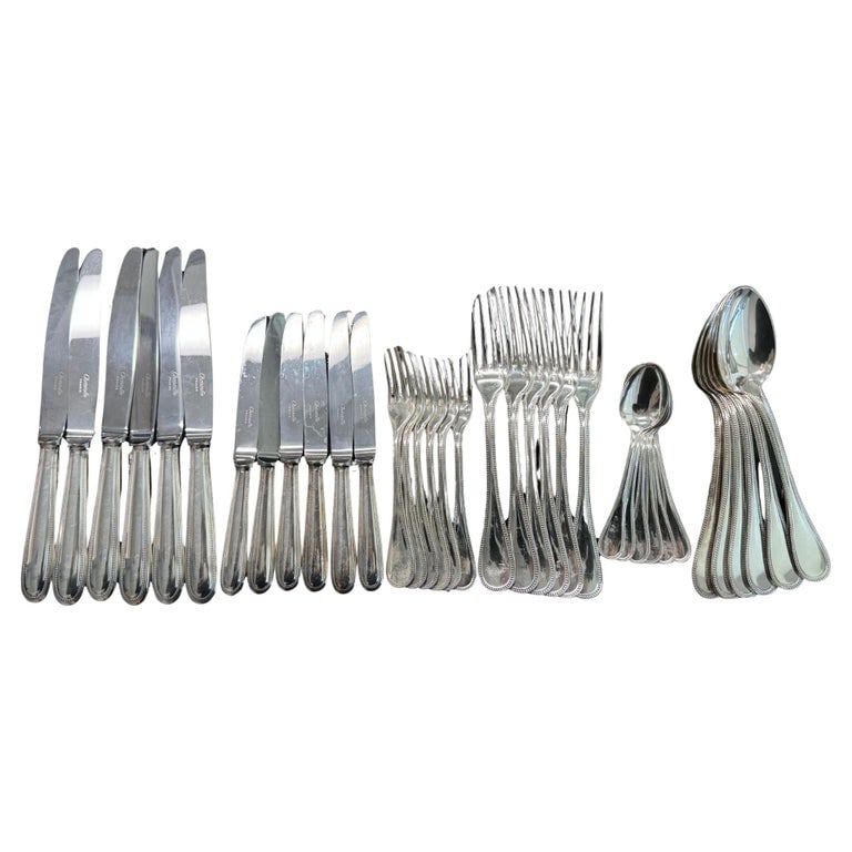 Christofle French Sterling Silver 6 Piece Dinnerware Set: This vintage Christofle silverplate flatware set, stamped with the classic OC Christofle hallmark and FRANCE, dates to the late 1930s through the 1940s. The marks correspond to Christofleâ€