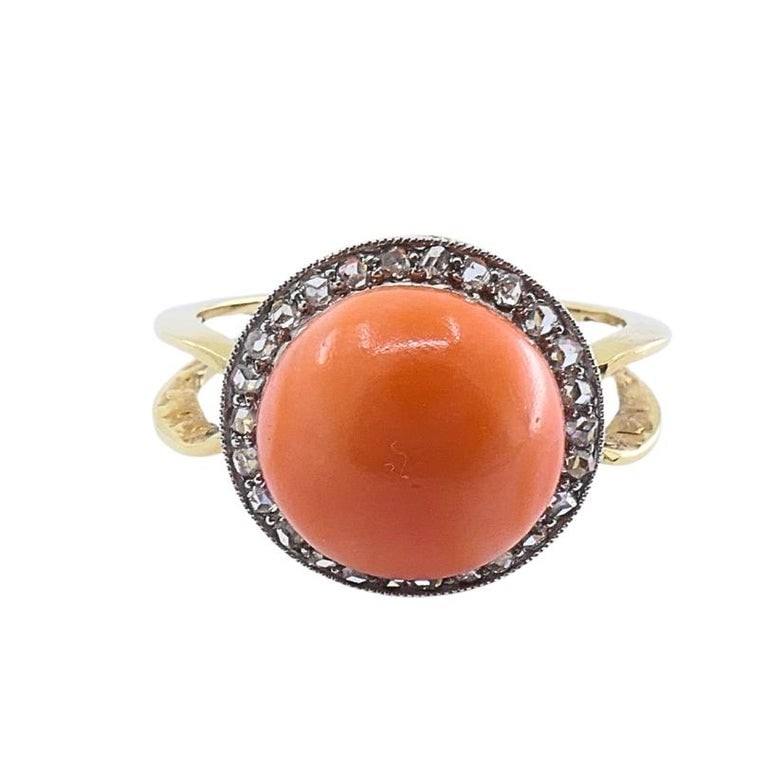 Vintage 14k Gold Coral Cabochon Diamond Halo Ring - 7