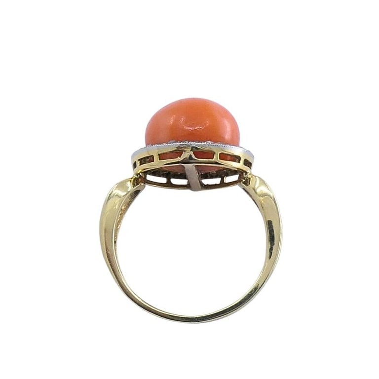 Vintage 14k Gold Coral Cabochon Diamond Halo Ring - 8