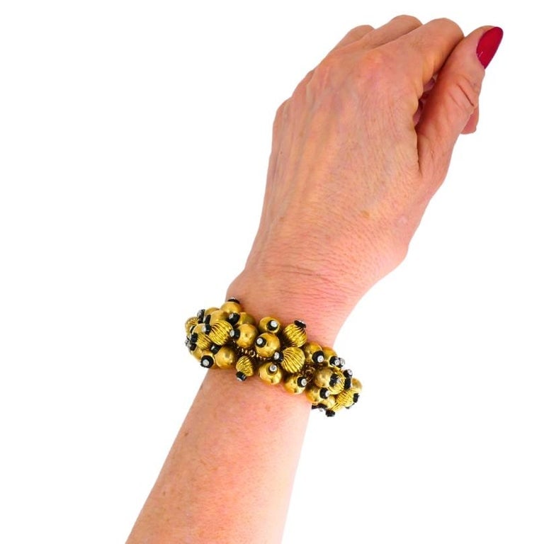 Vintage Black Onyx Gold Bead Bracelet 18k French Retro Jewelry - 10