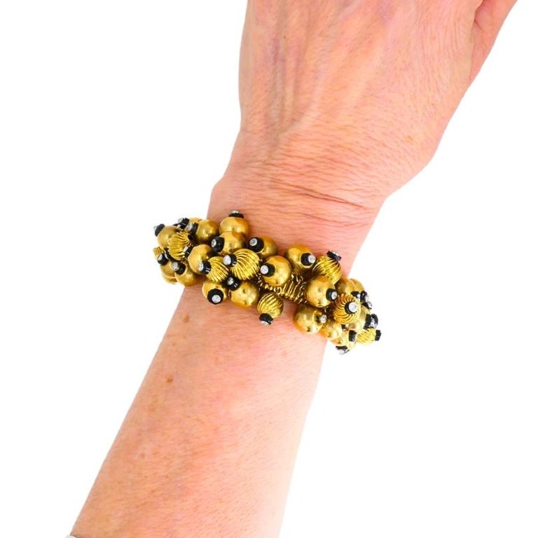 Vintage Black Onyx Gold Bead Bracelet 18k French Retro Jewelry - 2
