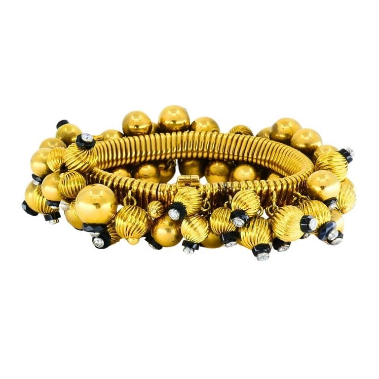 Vintage Black Onyx Gold Bead Bracelet 18k French Retro Jewelry - 3