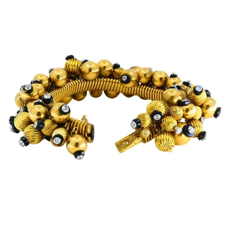 Vintage Black Onyx Gold Bead Bracelet 18k French Retro Jewelry - 5