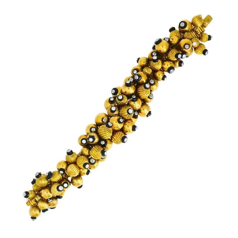 Vintage Black Onyx Gold Bead Bracelet 18k French Retro Jewelry - 7