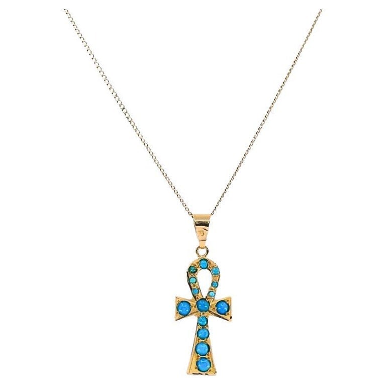 Vintage 21k Gold Turquoise Ankh Pendant 14k Gold Chain Necklace (1 of 8)