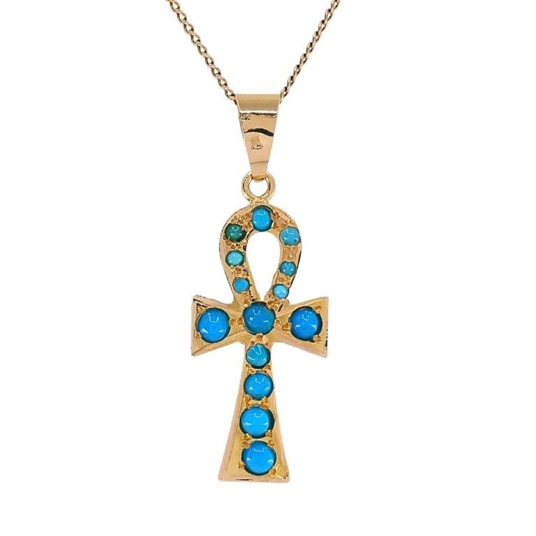 Vintage 21k Gold Turquoise Ankh Pendant 14k Gold Chain Necklace - 3