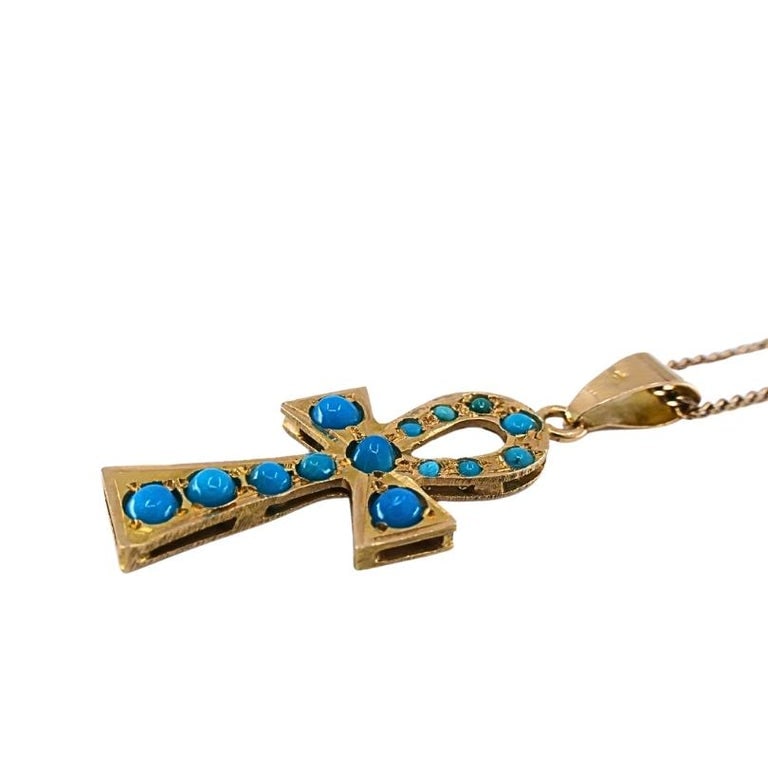 Vintage 21k Gold Turquoise Ankh Pendant 14k Gold Chain Necklace - 4